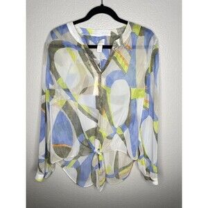 NEW Chico's Blouse Womens Large Multicolor Abstract Sheer Sequin Trim Tie Front
